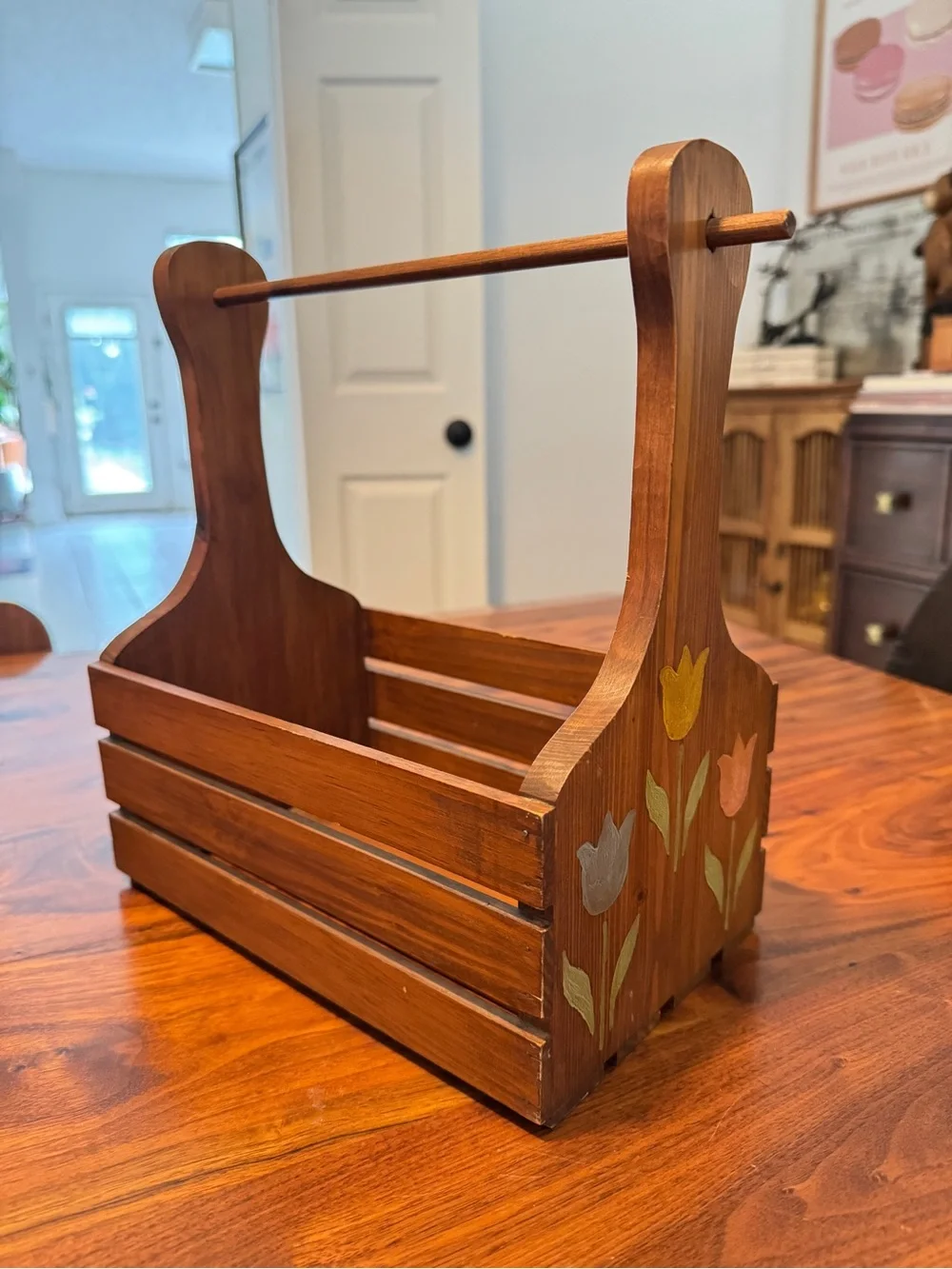 Vintage Wood Handle Slat Basket Midcentury Hand Painted Storage